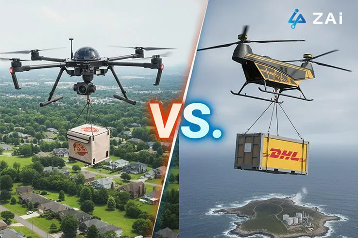 Vergelijking van bezorgdrone-oplossingen versus industriële vrachtvliegtuigdrone-oplossingen Vergelijking van bezorgdrone-oplossingen versus industriële vrachtvliegtuigdrone-oplossingen